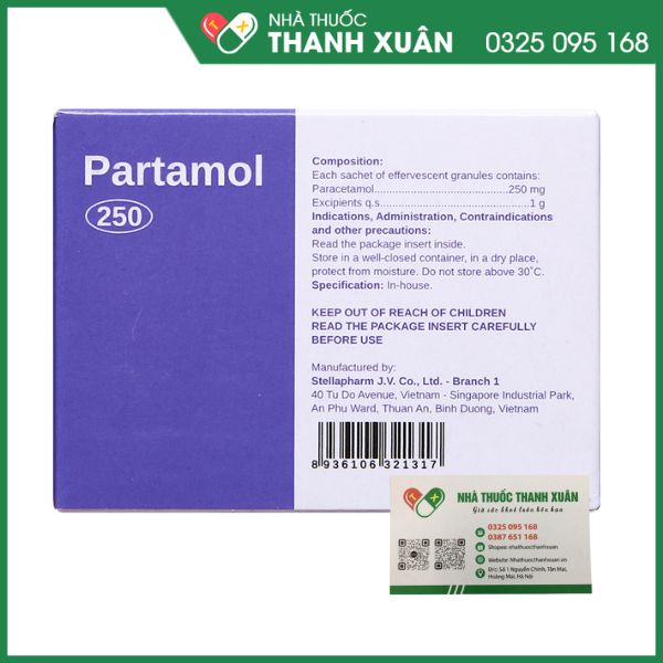 Cốm sủi Partamol 250 giảm cơn đau và sốt từ nhẹ đến vừa